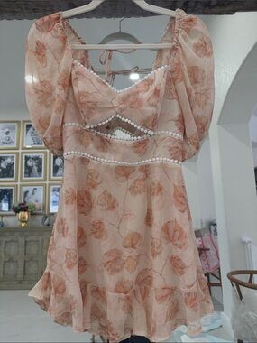 Saints + Secrets Peach Floral Pom-Pom Trim Mini Dress